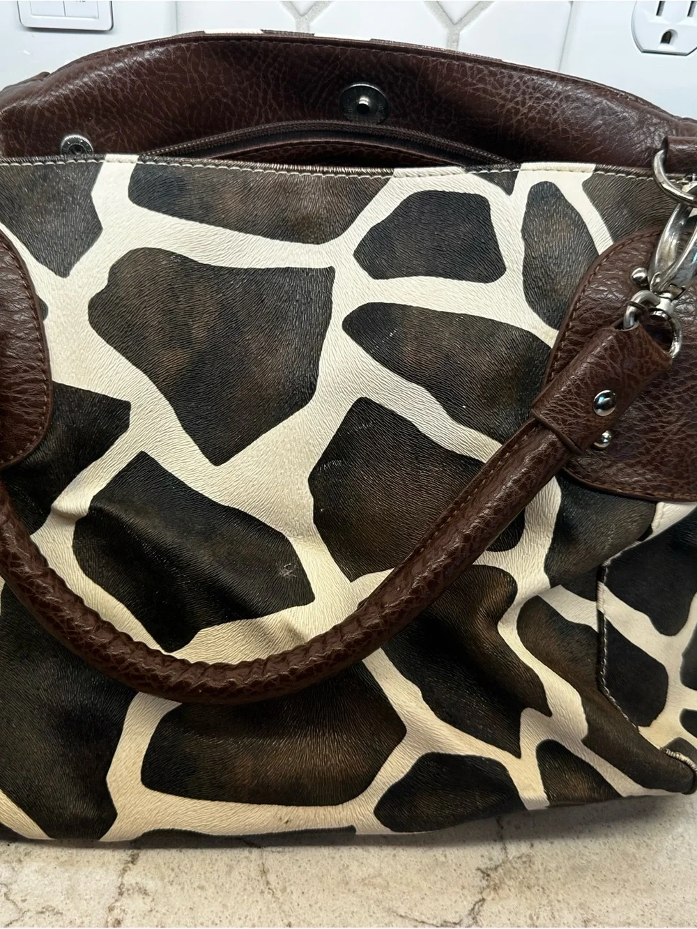 Dooney & Bourke Brown and Cream Giraffe-Print Leather Shoulder Bag